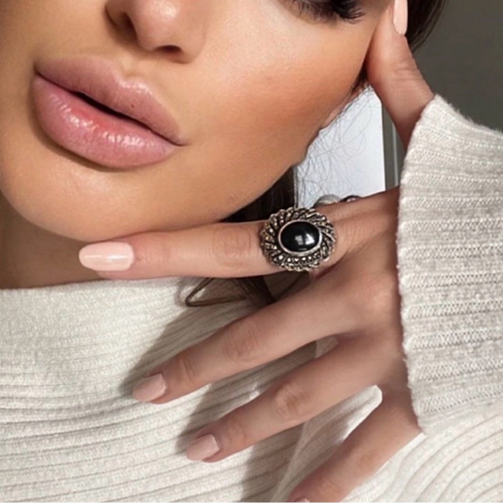 925 Sterling Silver Black Onyx Ring Marcasite Setting Statement Ring AS IS